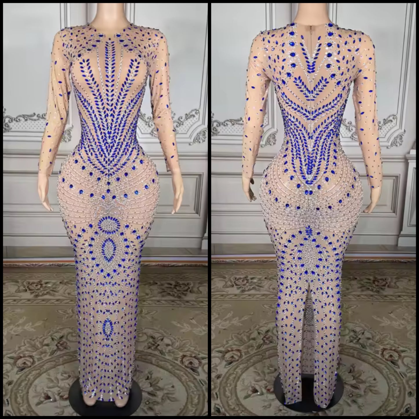 Blue Rhinestone Embellishment See Through Sexy Maxi Dress
