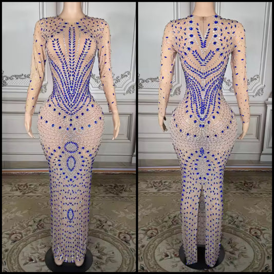 Blue Rhinestone Embellishment See Through Sexy Maxi Dress