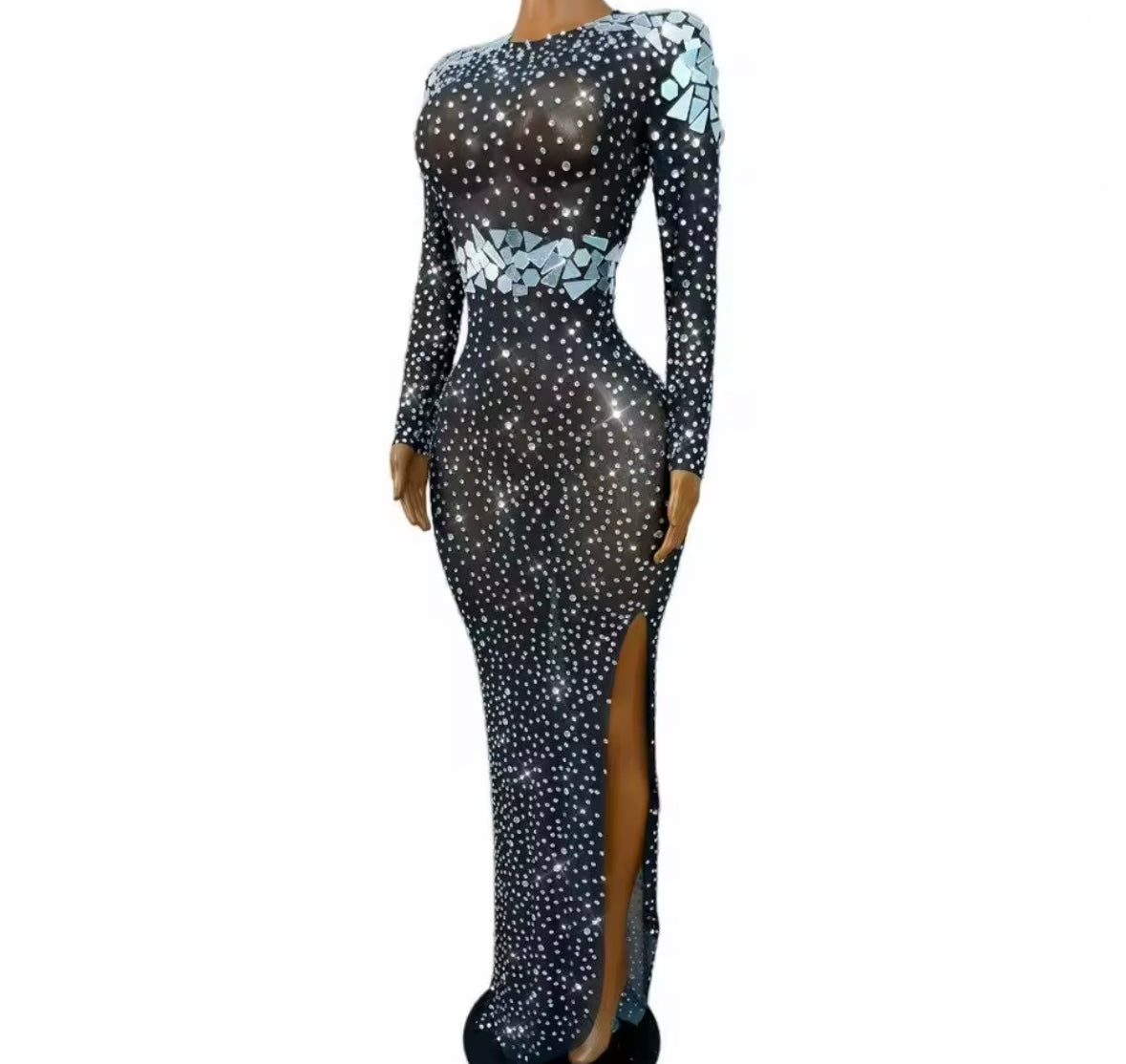 Sexy Rhinestone Mirror Black Full Sleeve Side Split Maxi Dress