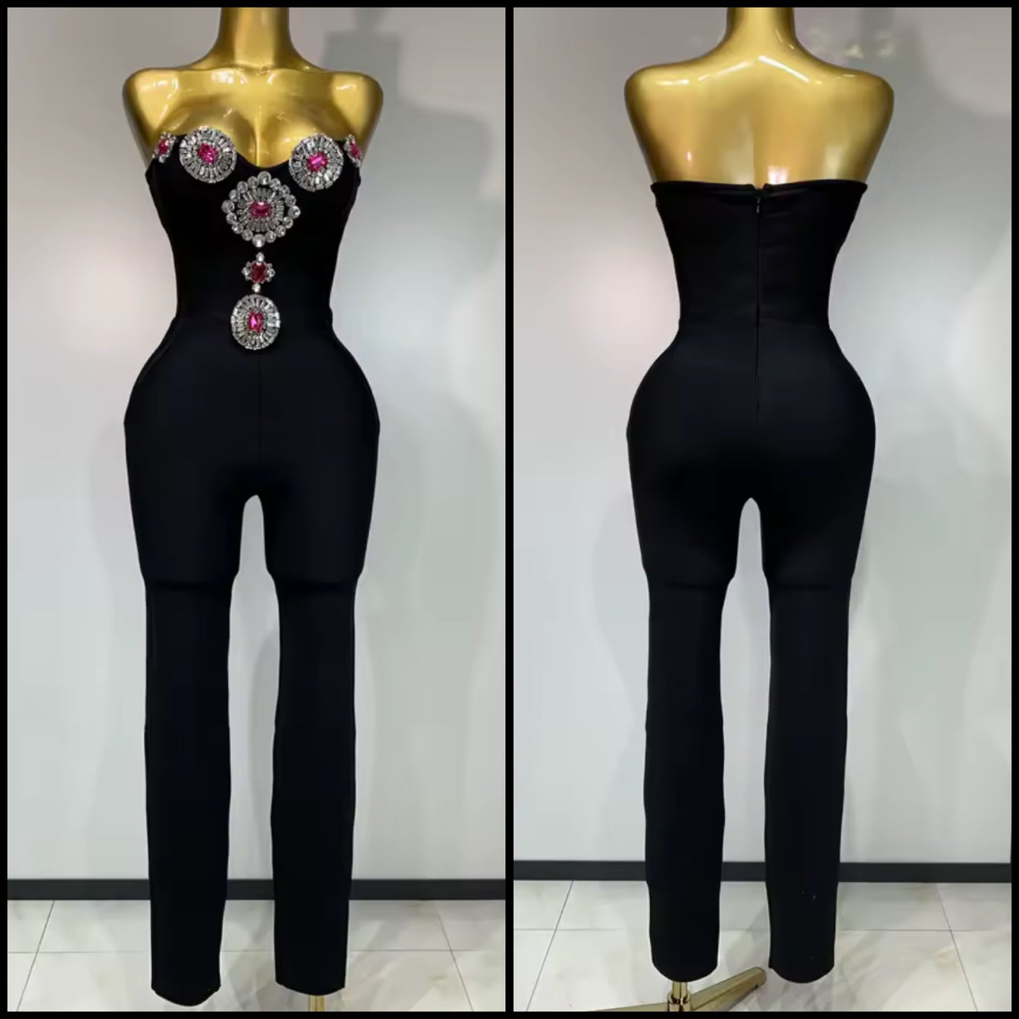 Black Strapless Crystal Rhinestone Sexy Jumpsuit