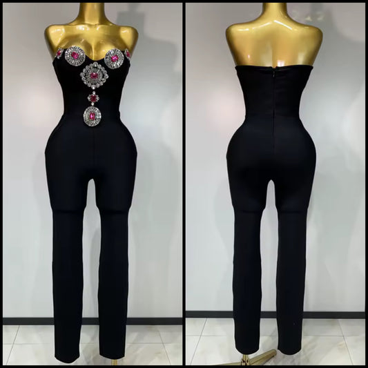 Black Strapless Crystal Rhinestone Sexy Jumpsuit