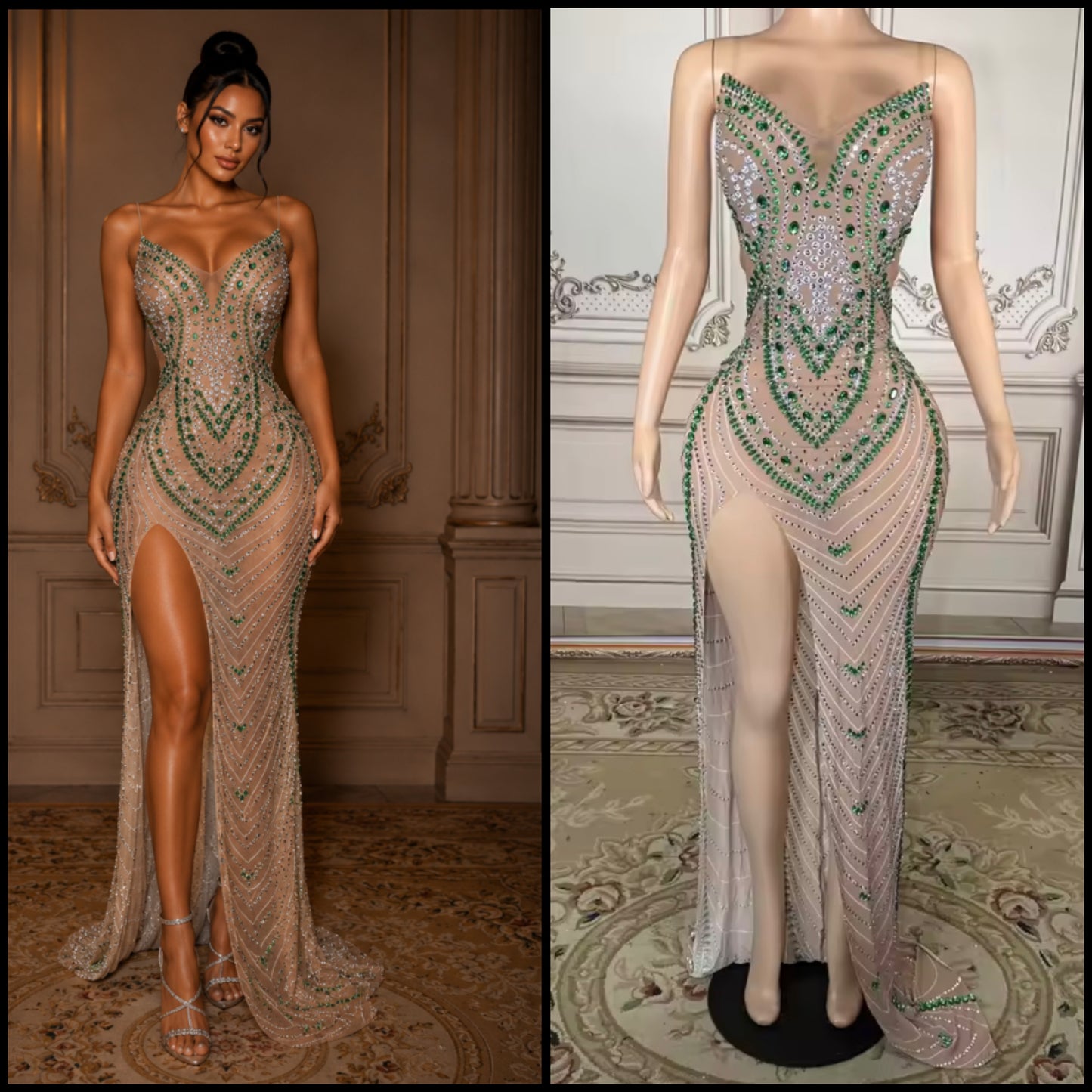 Sexy Sleeveless Rhinestone See Through Front Split Maxi Dress