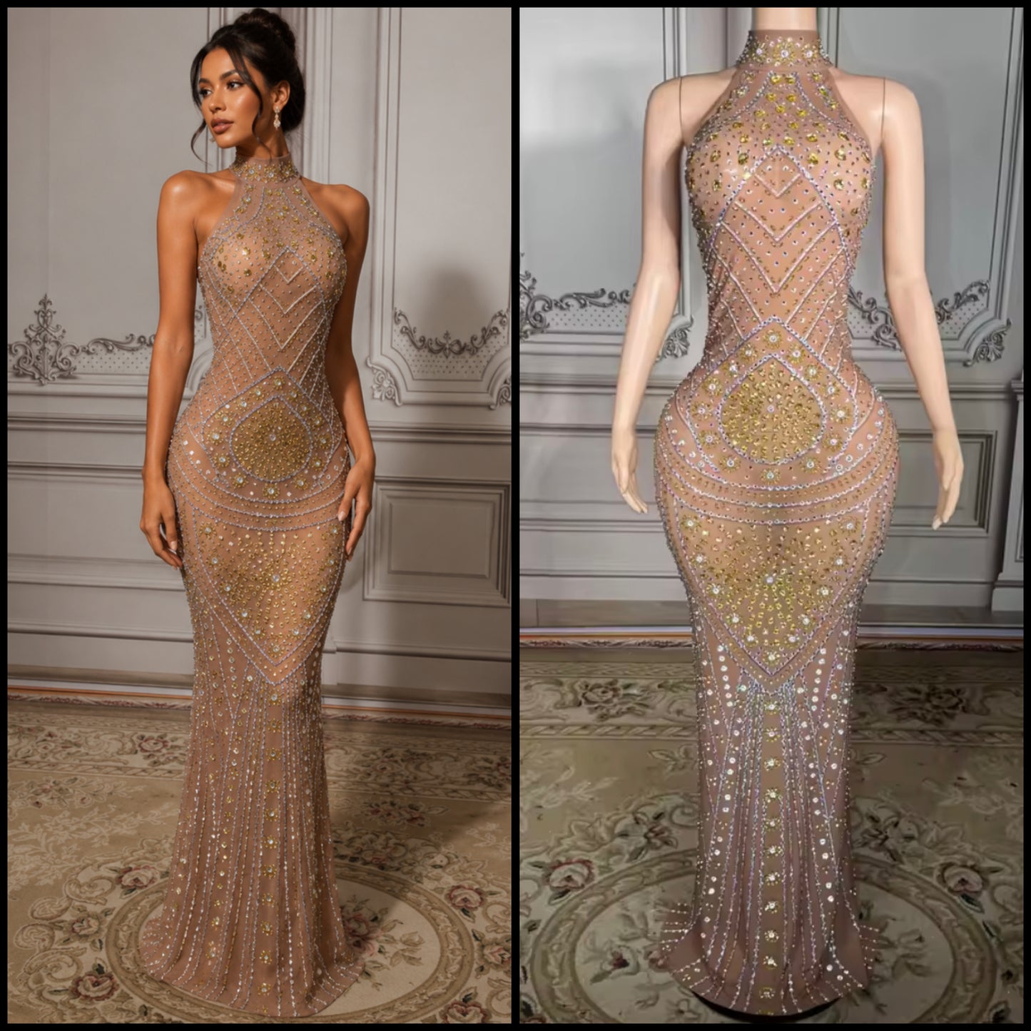 Rhinestone Embellishment Sexy Sleeveless Back Split Maxi Dress