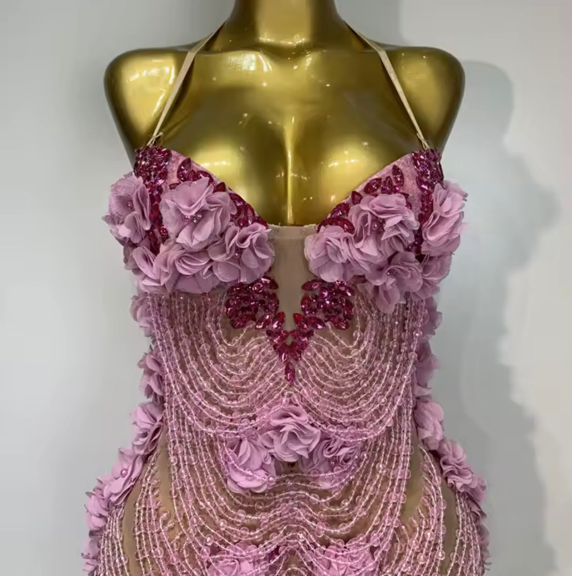 Pink Halter Sleeveless Beaded Rhinestone Sexy Dress