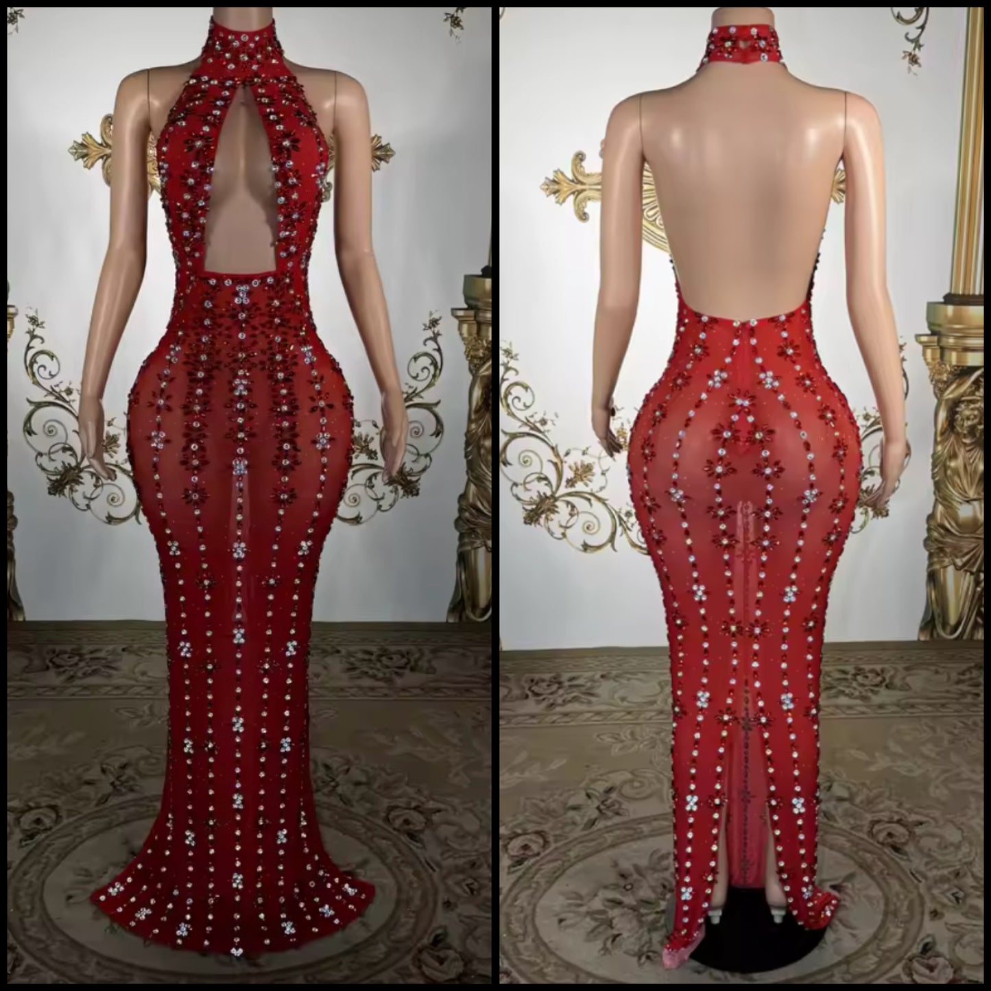 Red Sexy Halter Sleeveless Floral Rhinestone Maxi Dress
