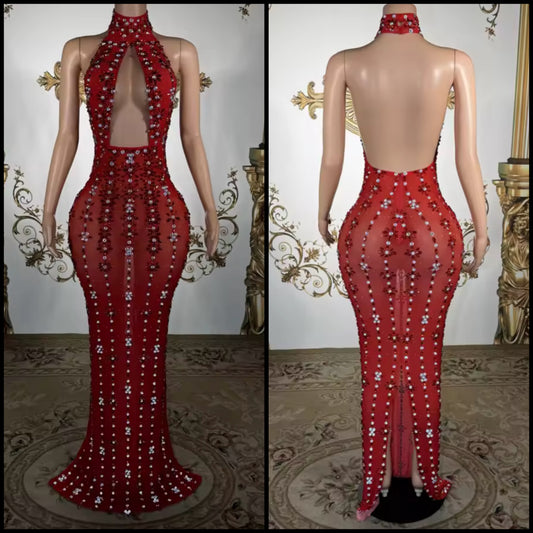 Red Sexy Halter Sleeveless Floral Rhinestone Maxi Dress