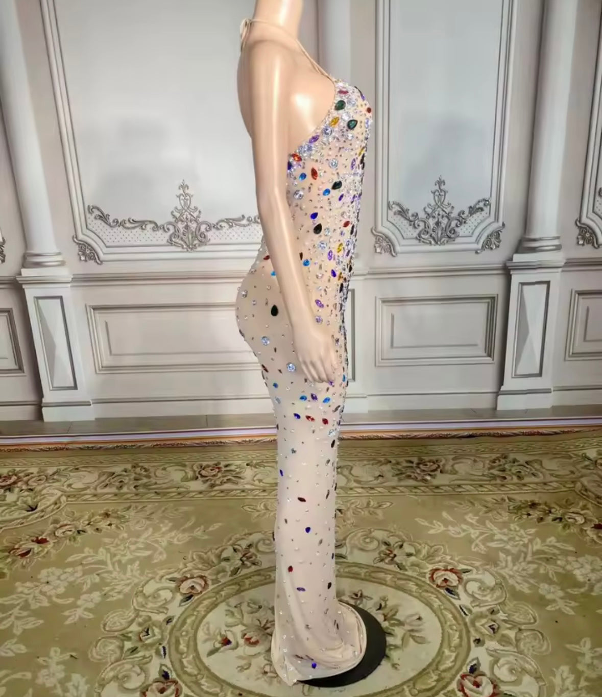 Sexy Halter Sleeveless Open Back Multicolored Rhinestone Dress