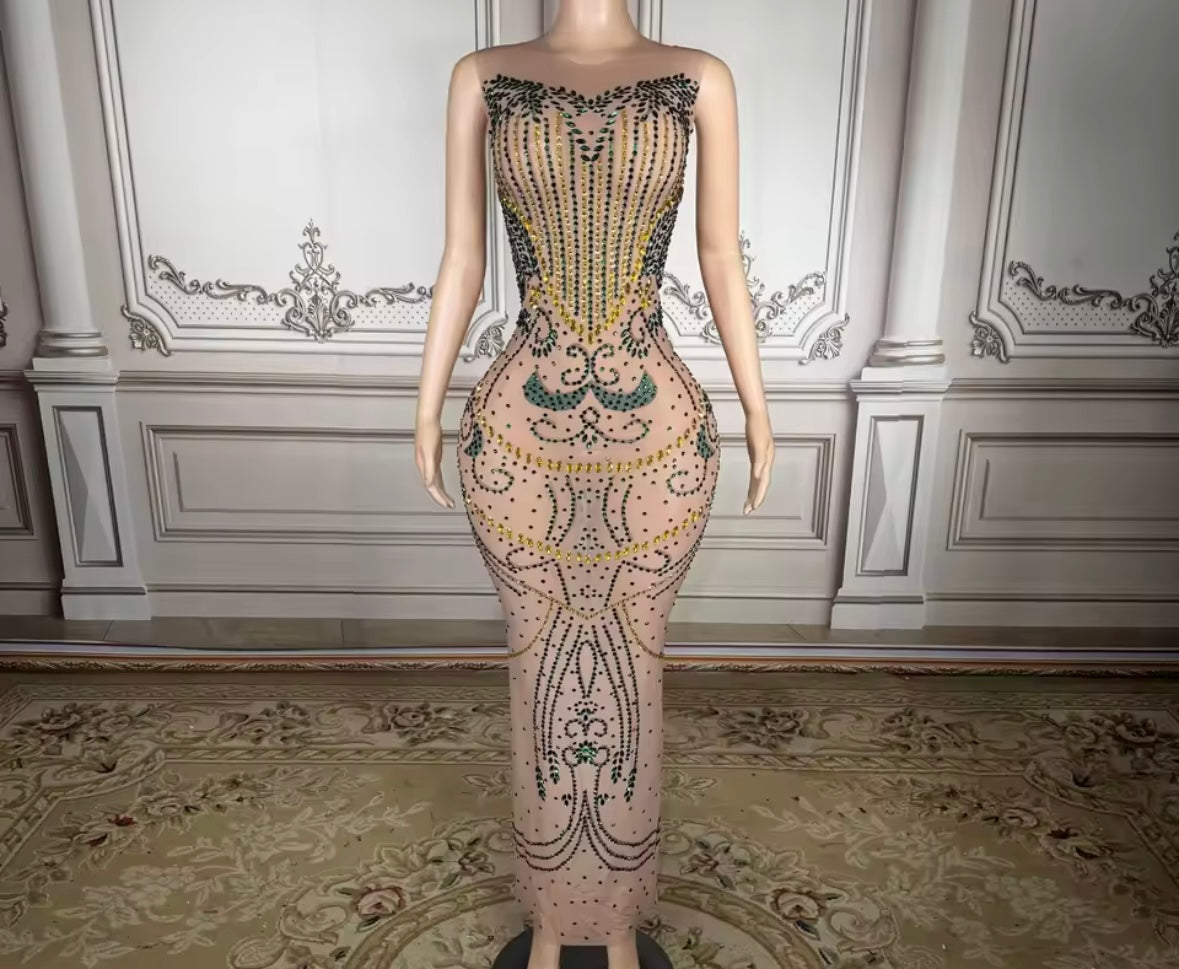 Sexy Sleeveless See Through Rhinestone Maxi Dress
