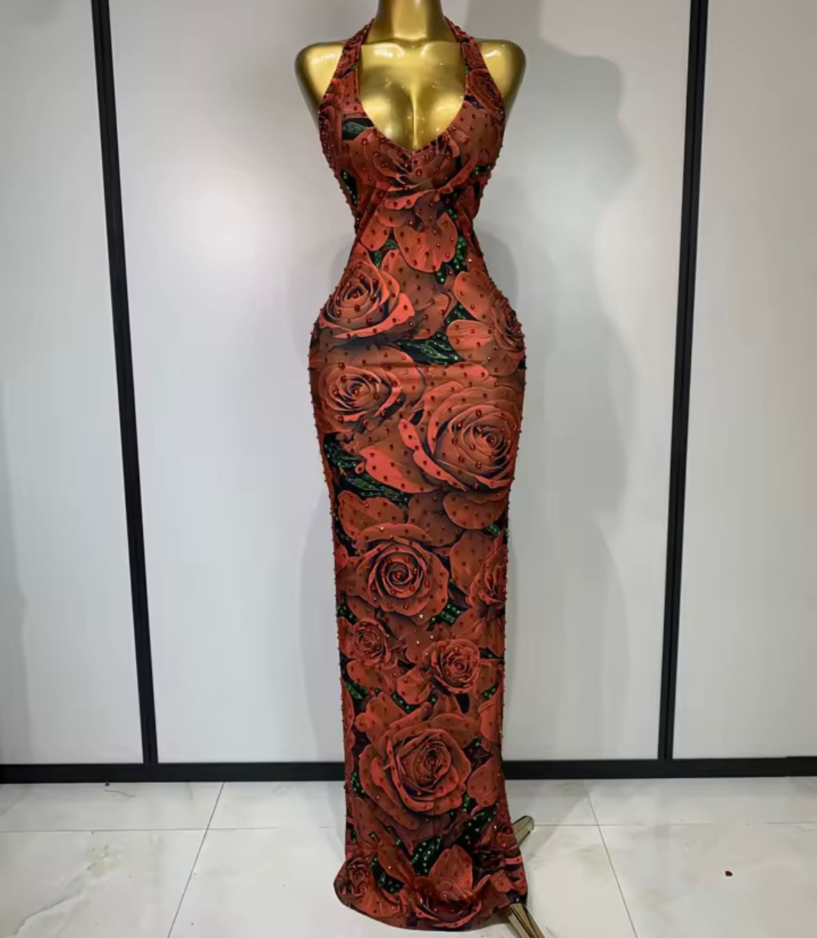 Sexy Halter Sleeveless Floral Rhinestone Maxi Dress