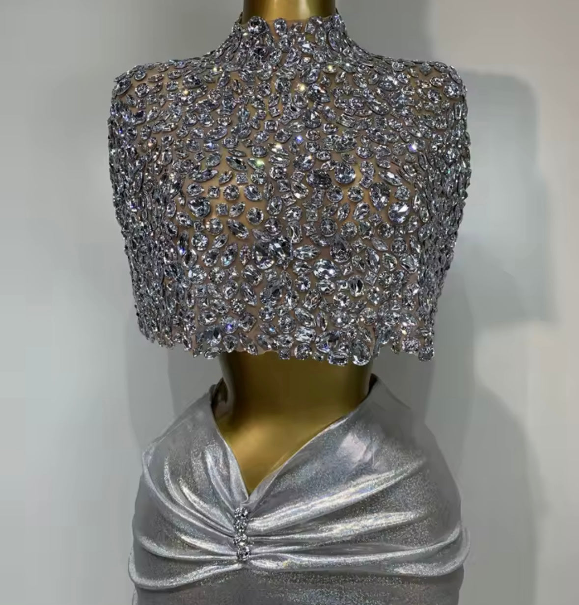 Silver Rhinestone Crop Sexy Ruched Maxi Skirt Set