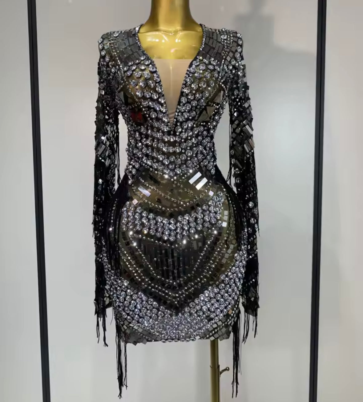 Sexy Rhinestone Mirror Full Sleeve Fringe Dress
