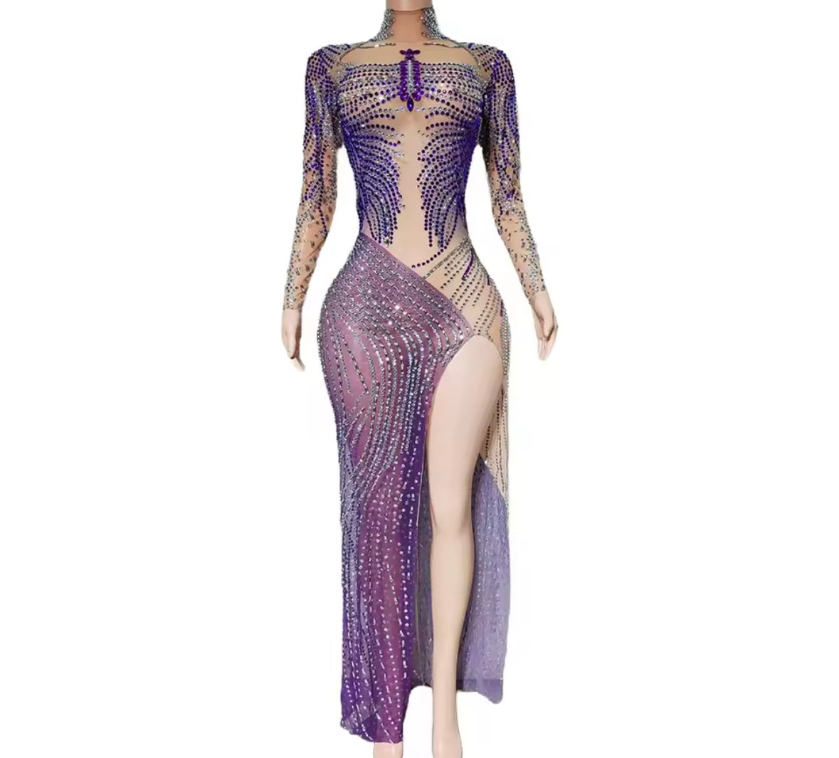 Sexy See Through Purple Rhinestone Side Split Maxi Dress