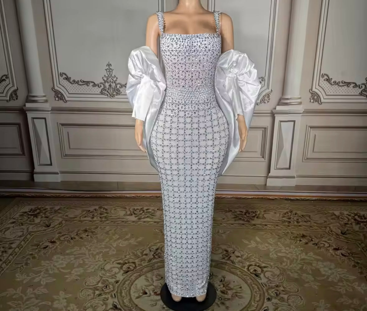 Rhinestone Embellishment Sexy Sleeveless Satin Glove Maxi Dress