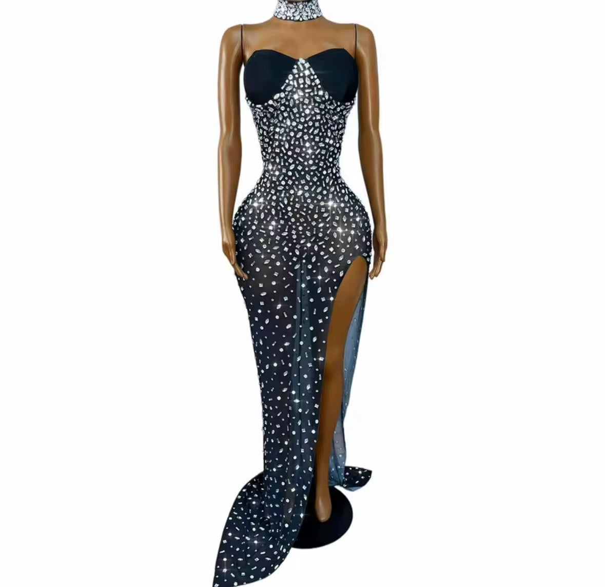 Sexy Choker Strapless Black Rhinestone Side Split Maxi Dress