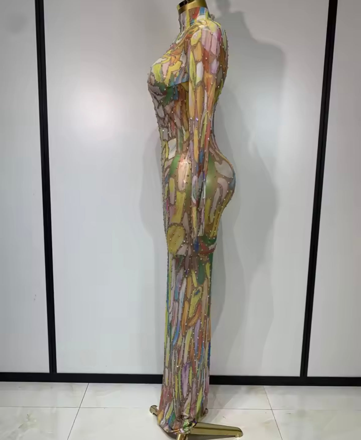 Multicolored Rhinestone Full Sleeve Floor-Length Dress