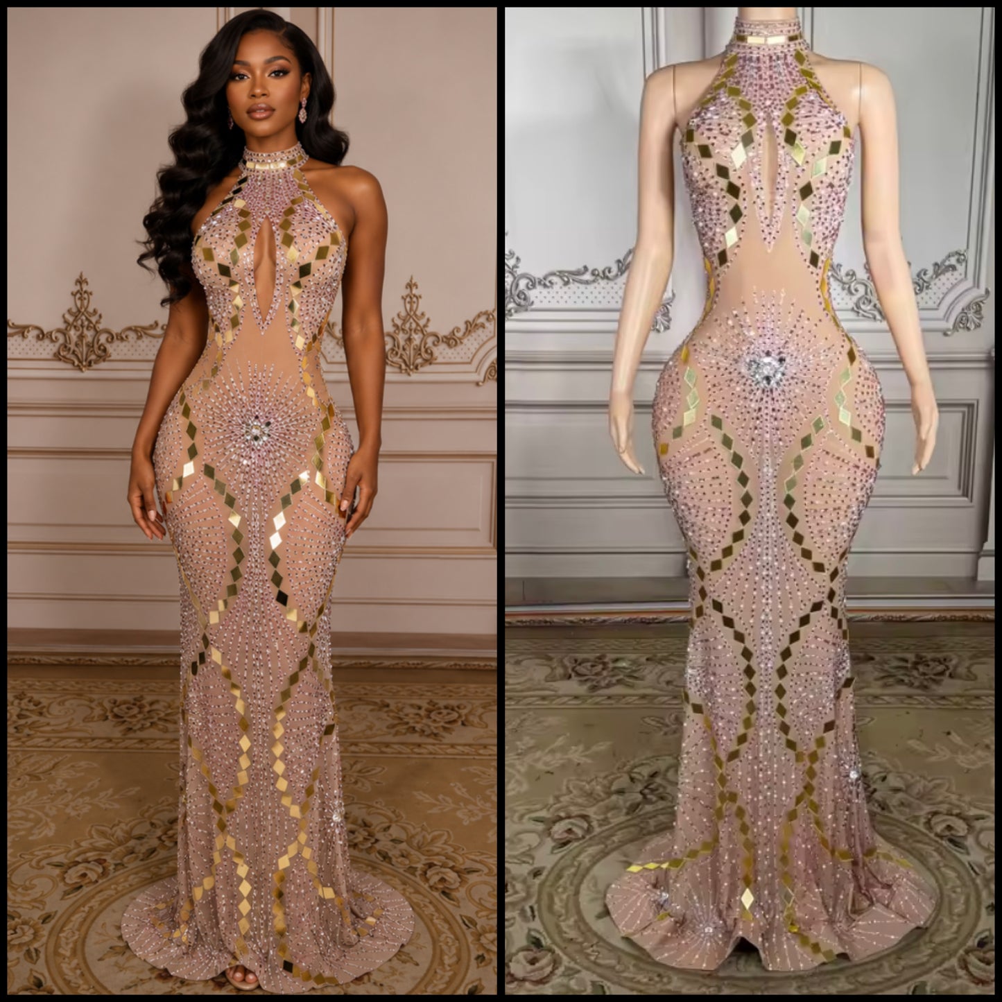 Rhinestone Embellishment Mirror Sleeveless Maxi Dress
