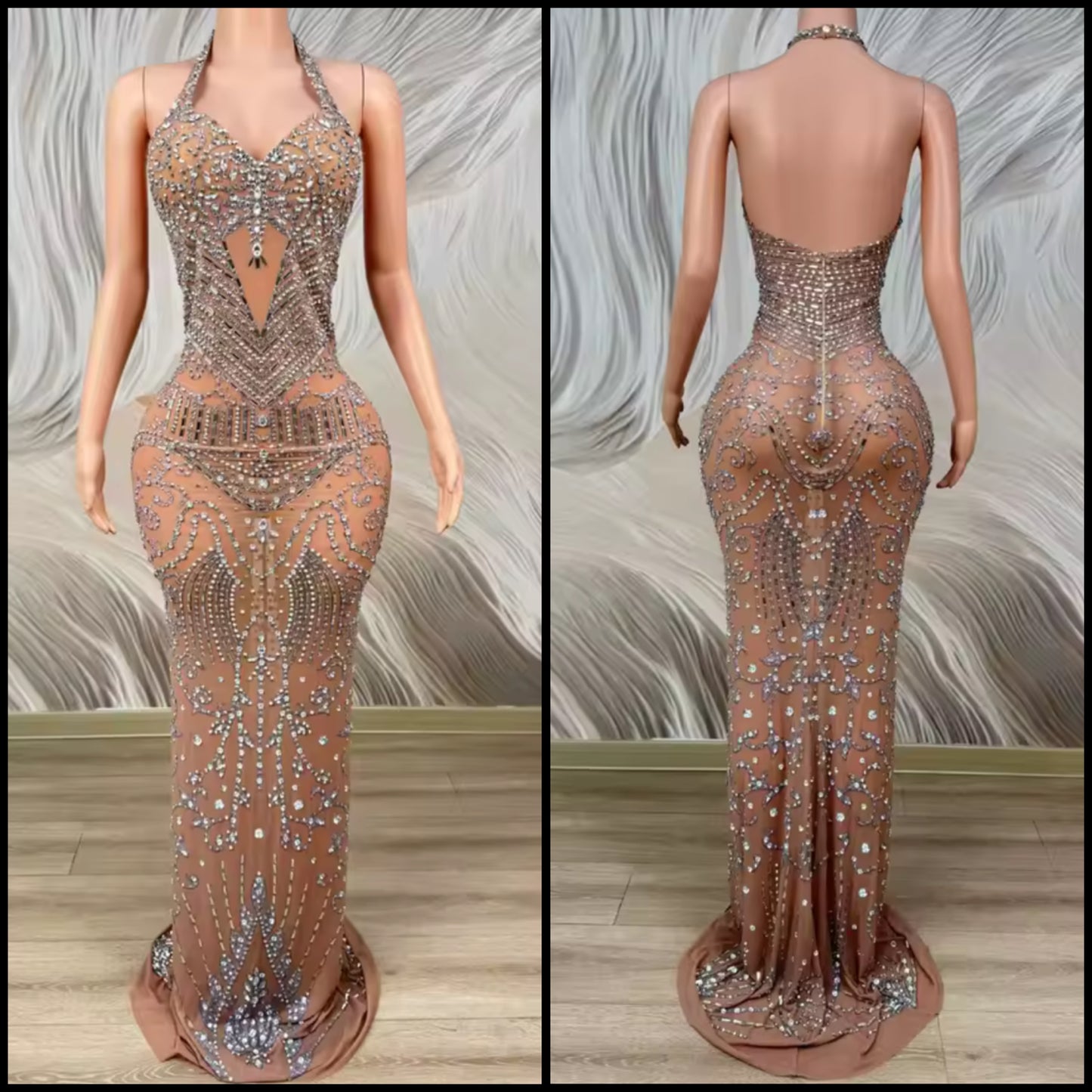 Sexy Halter Sleeveless Open Back Rhinestone Maxi Dress