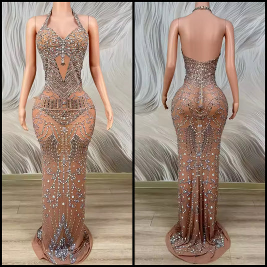Sexy Halter Sleeveless Open Back Rhinestone Maxi Dress