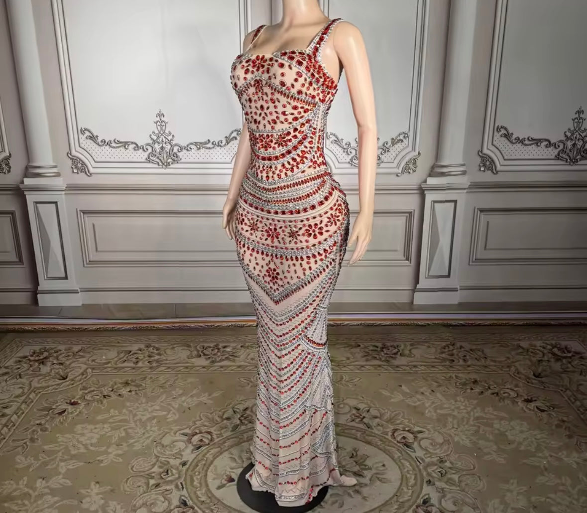 Sexy Sleeveless Red Rhinestone Embellishment Maxi Dress
