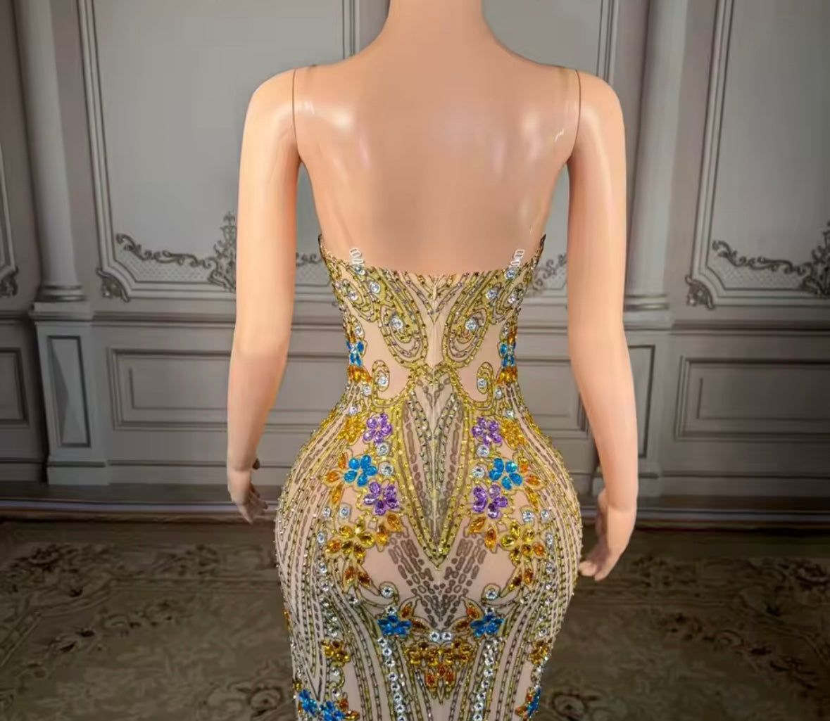 Sexy Gold Sleeveless Crystal Rhinestone Floor-Length Dress