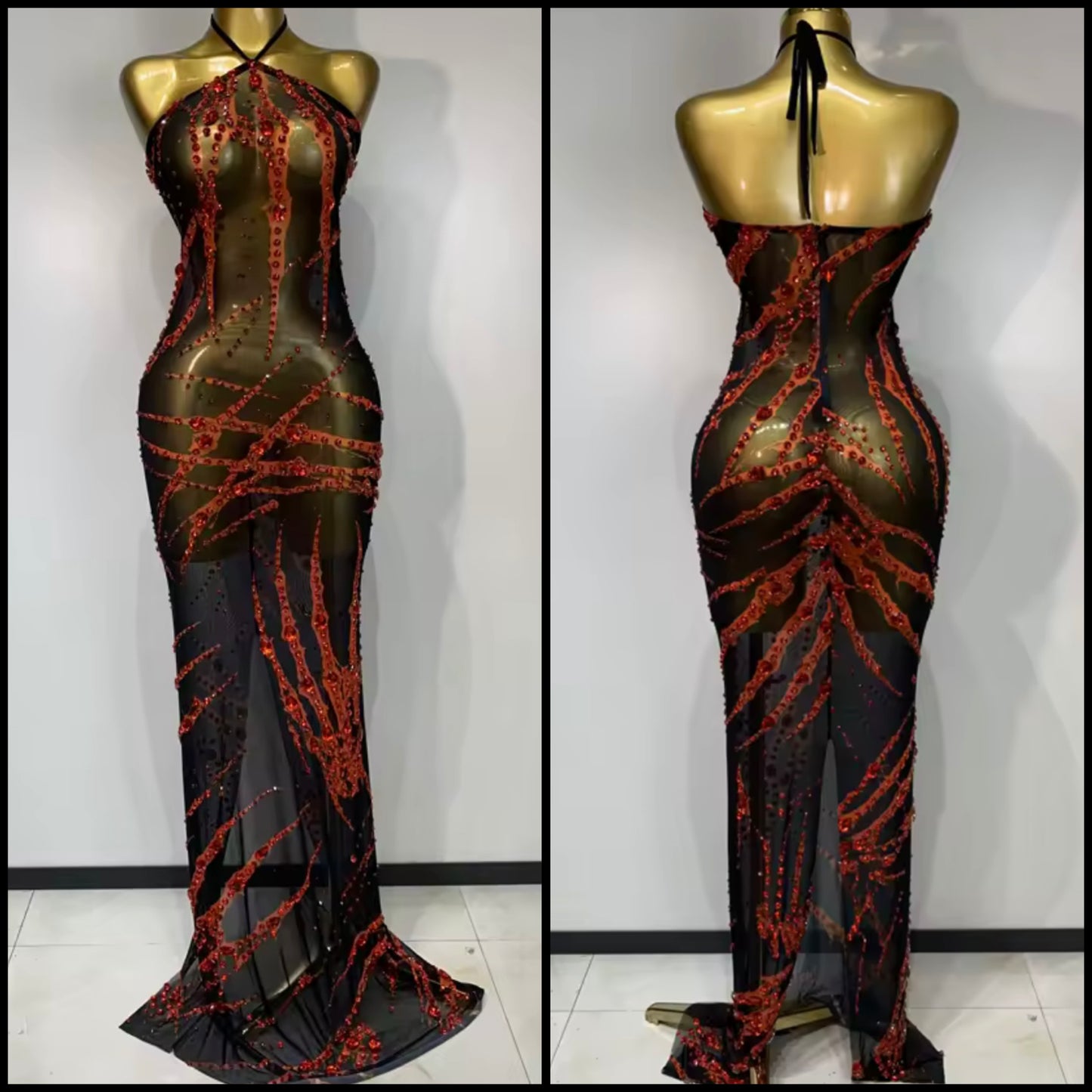 Sexy Halter Sleeveless Black Rhinestone Maxi Dress