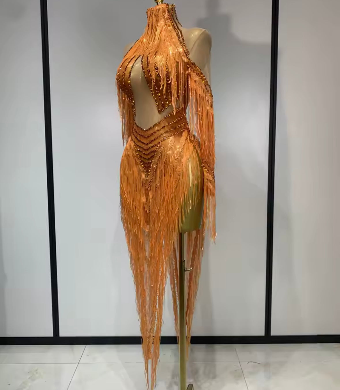 Sexy Orange Rhinestone Fringe Tassel Asymmetrical Dress
