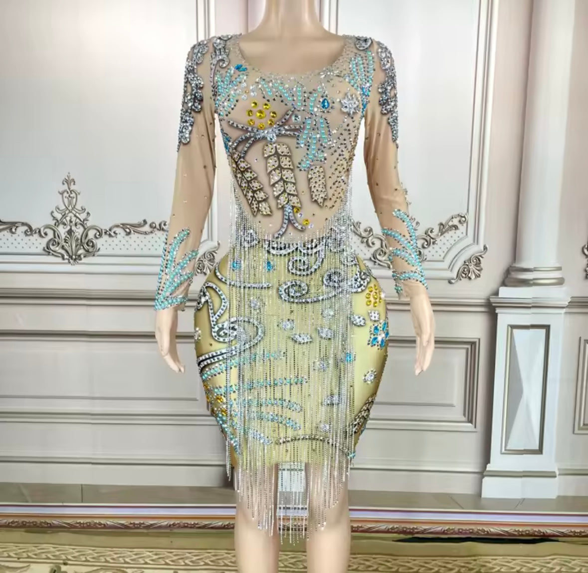 Sexy Rhinestone Embellishment Tassel Full Sleeve Dress