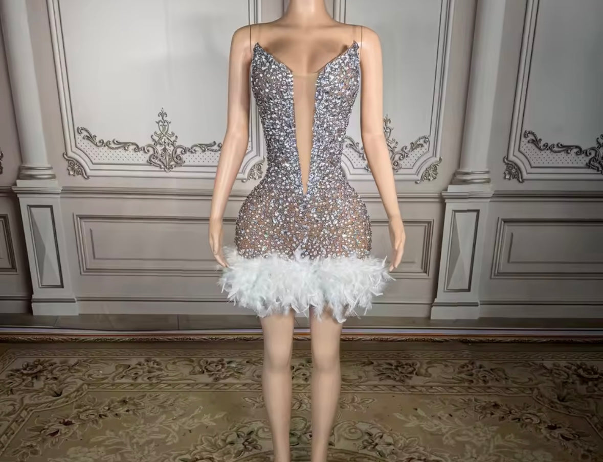 Sexy Sleeveless Rhinestone Feather Dress