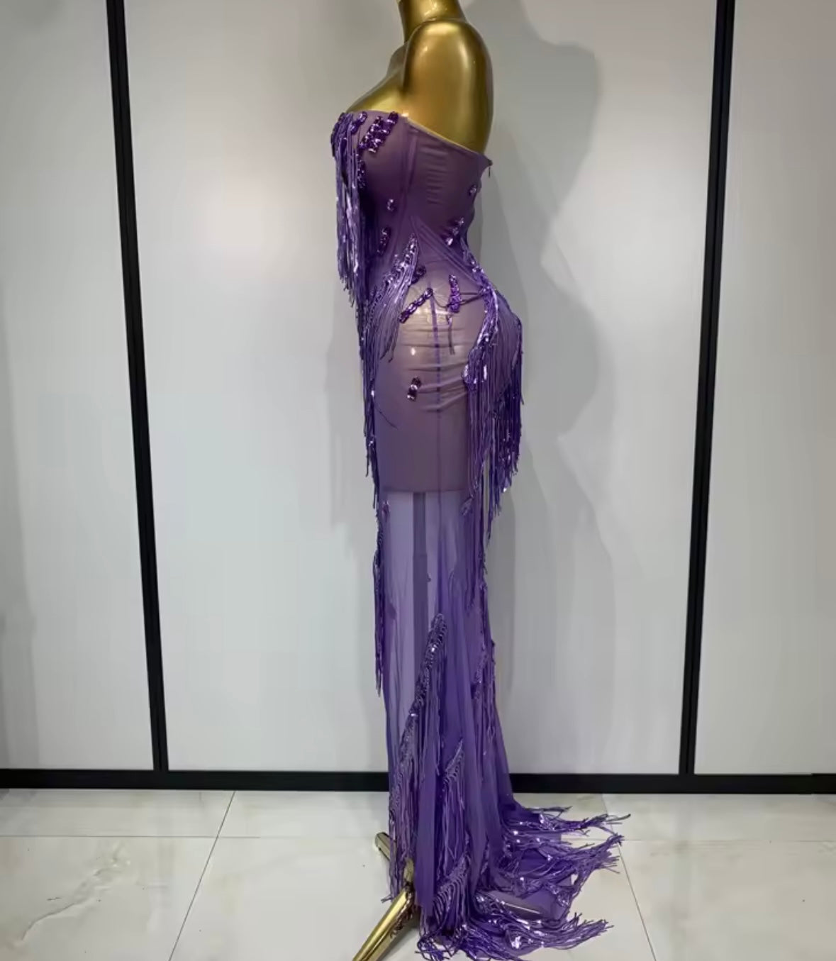 Purple Sexy Strapless Rhinestone Fringe Tassel Side Split Maxi Dress