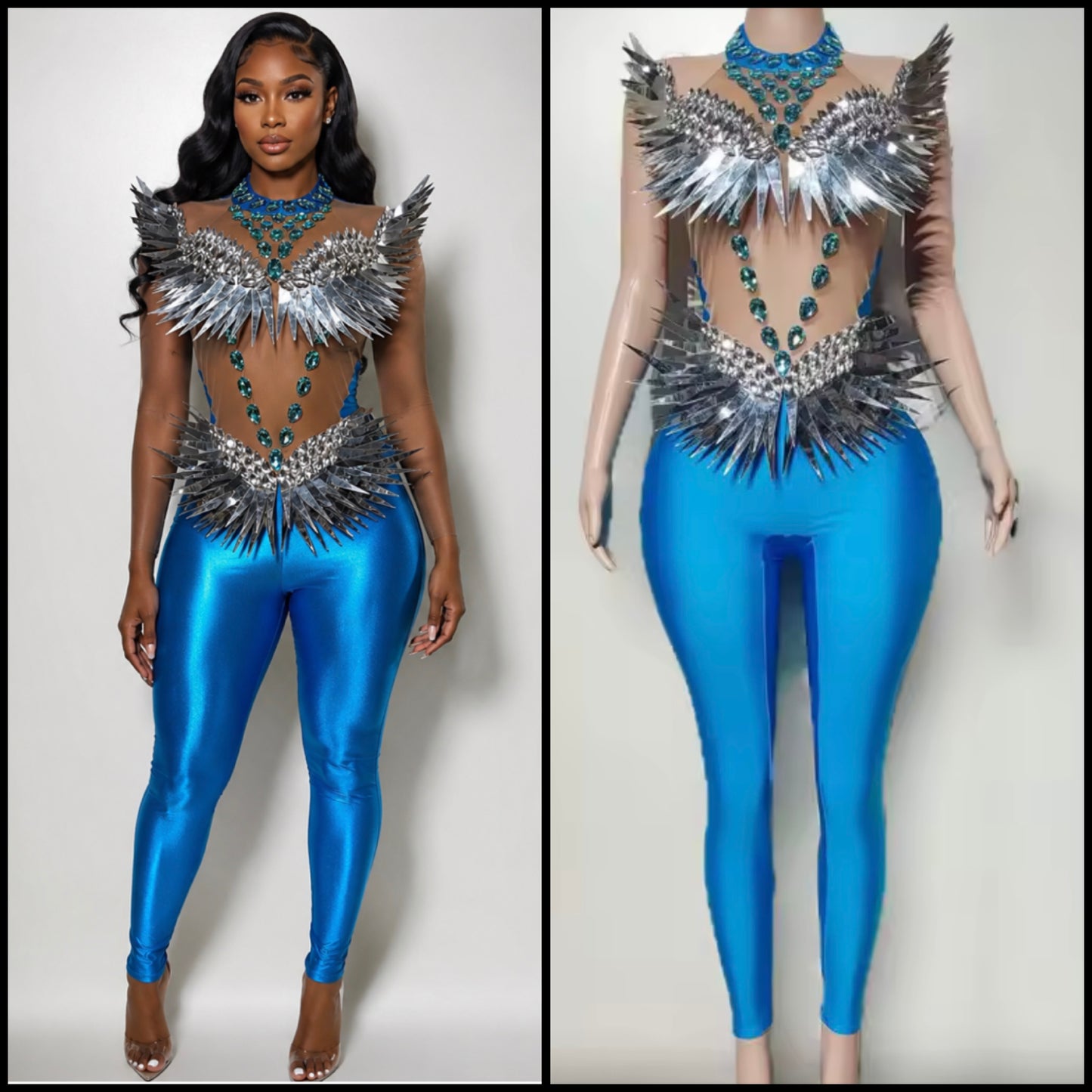 Sexy Halter Sleeveless Open Back Rhinestone Blue Jumpsuit