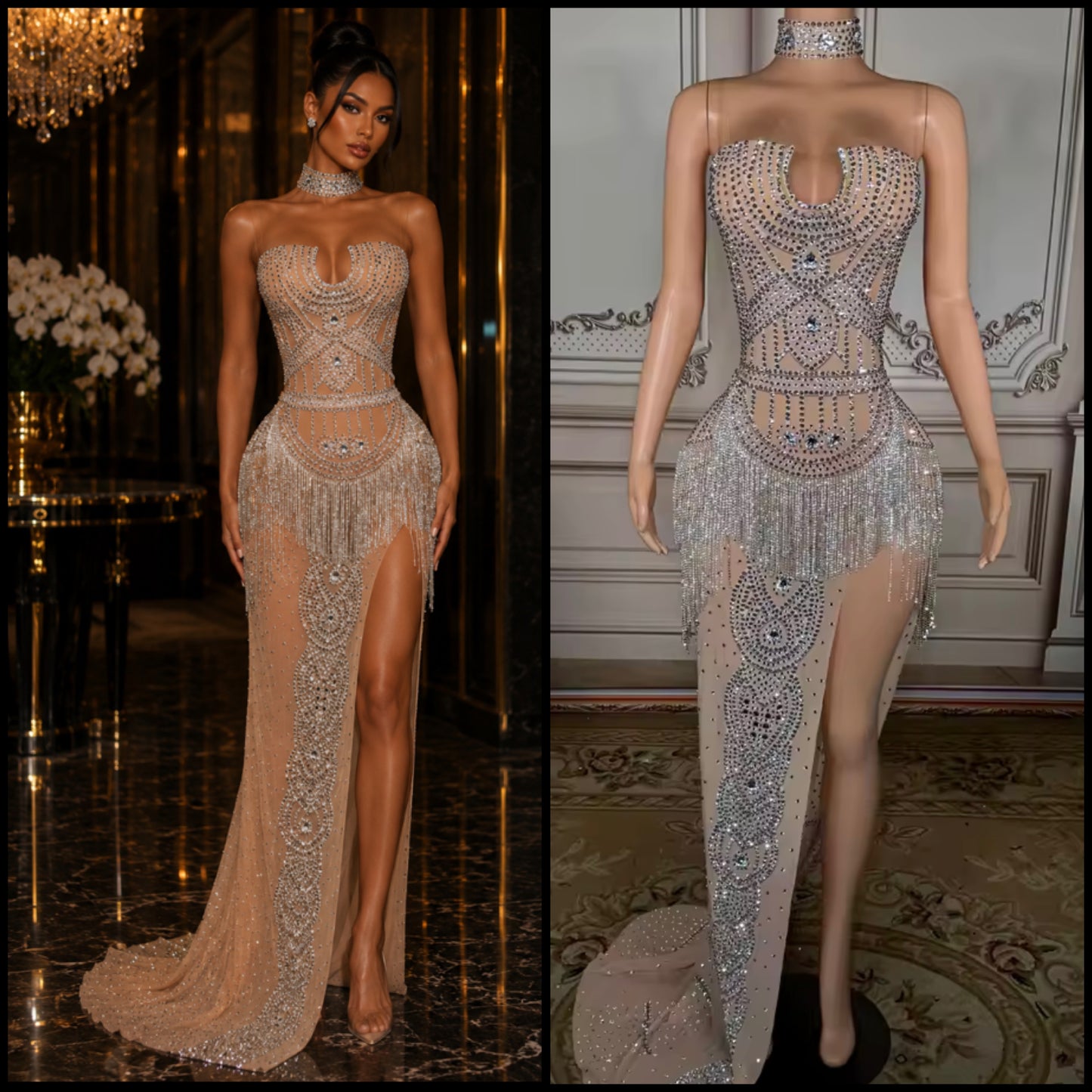 Sexy Choker Sleeveless Side Split Rhinestone Tassel Maxi Dress