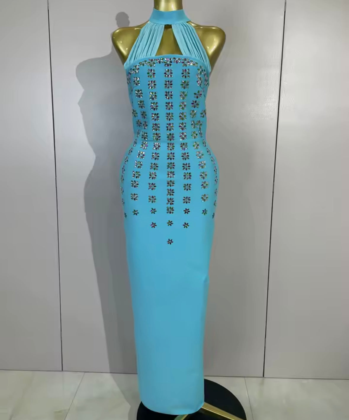 Blue Halter Scarf Sleeves Floral Rhinestone Embellishment Maxi Dress