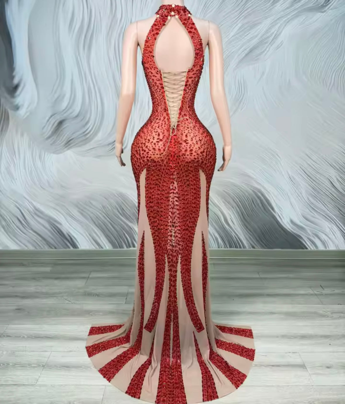 Sexy Red Halter Sleeveless Rhinestone Front Split Floor-Length Dress