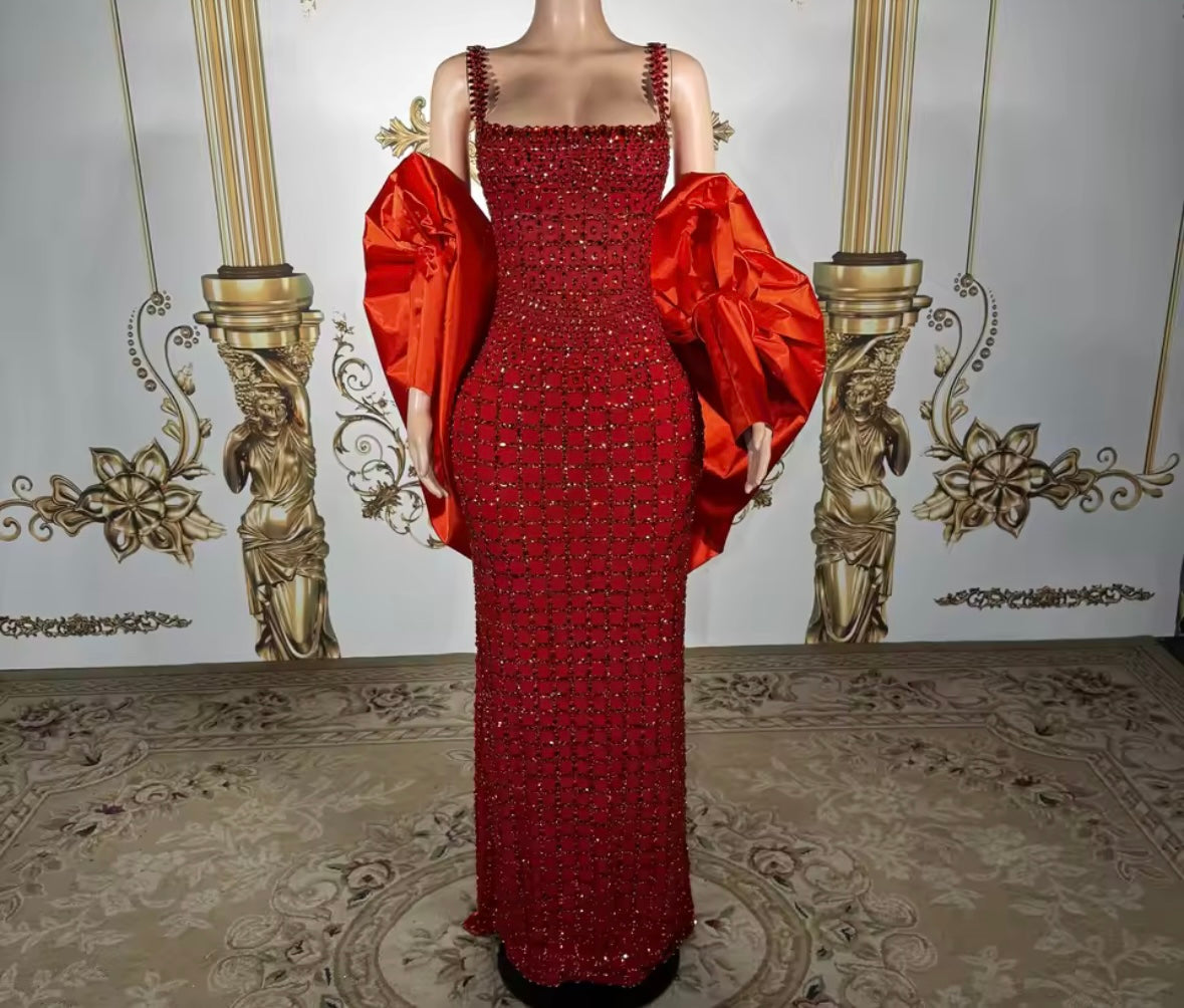 Red Sleeveless Sexy Rhinestone Maxi Dress