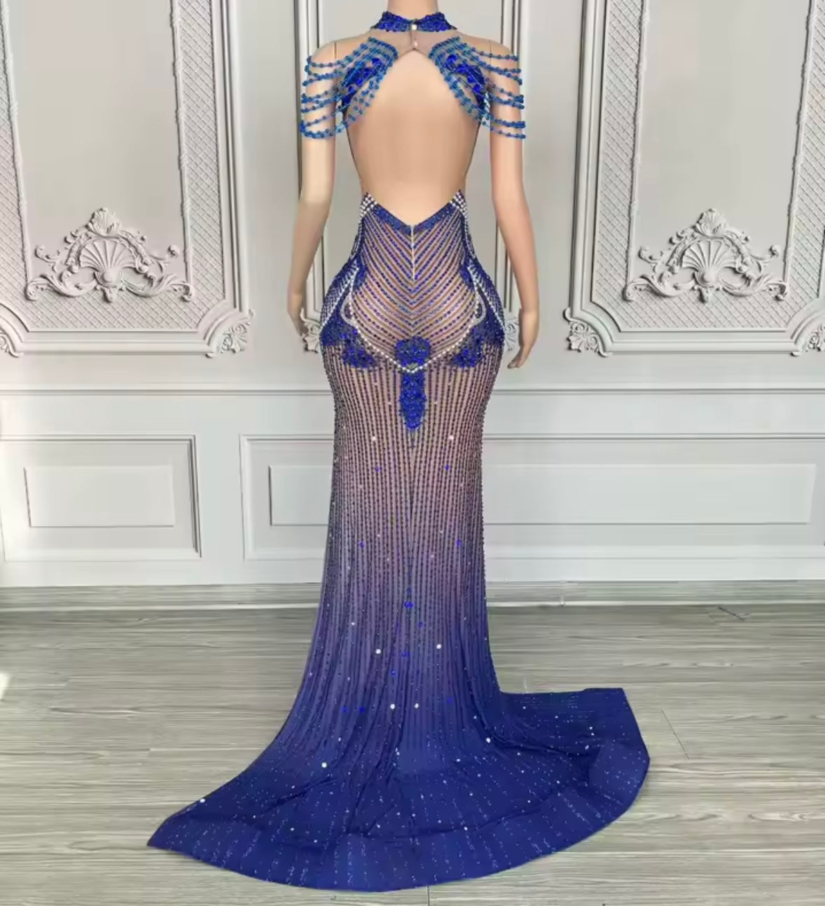Pearl Rhinestone Embellishment Blue Sexy Floor-Length Dress