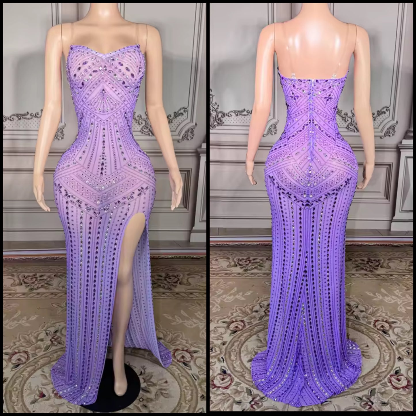 Sexy Sleeveless Rhinestone Purple Side Split Maxi Dress