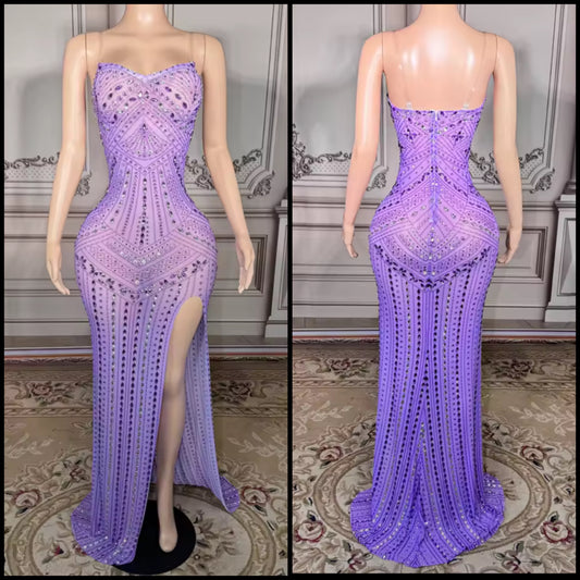 Sexy Sleeveless Rhinestone Purple Side Split Maxi Dress