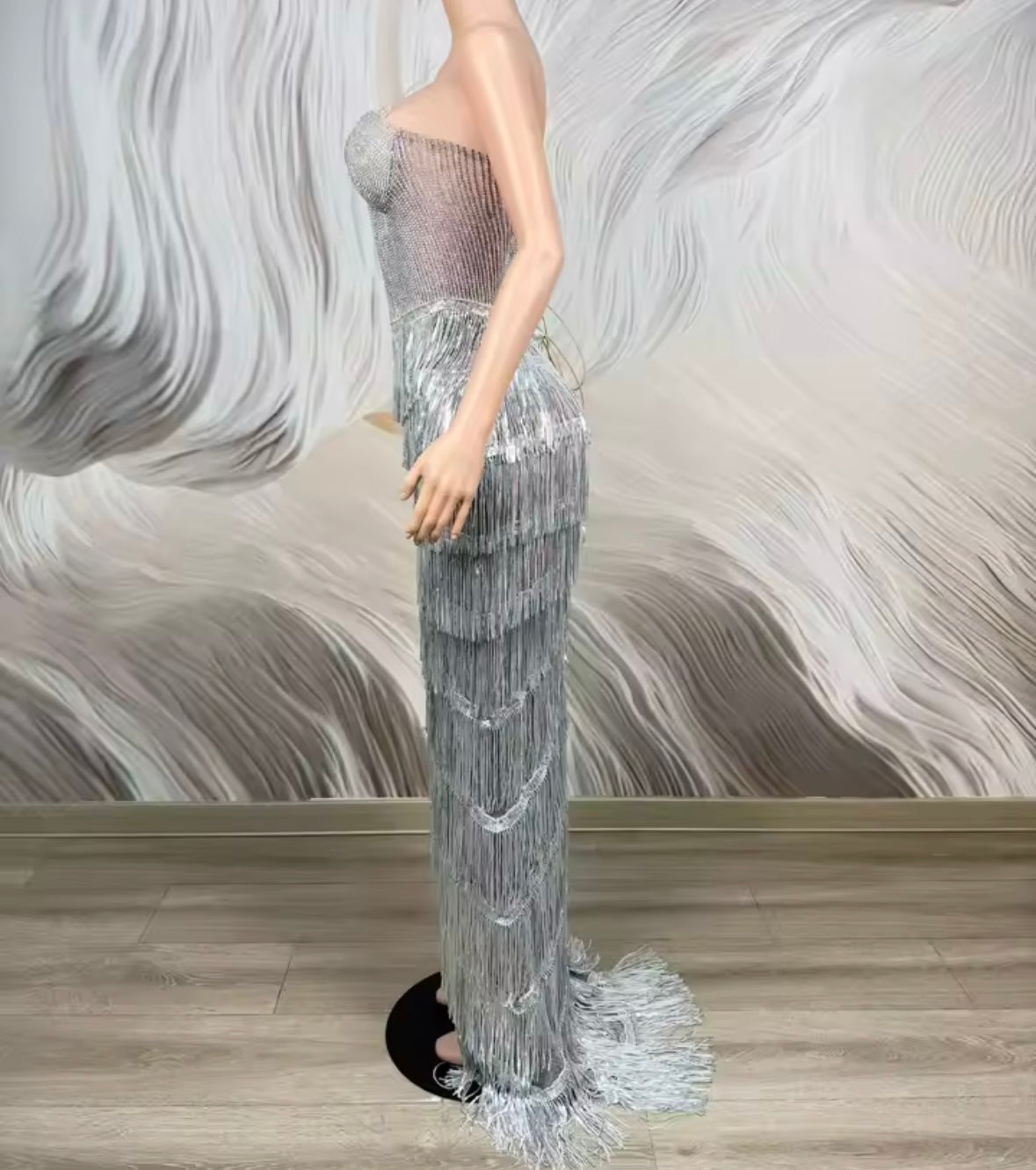 Sexy Sleeveless Silver Rhinestone Fringe Tassel Maxi Dress