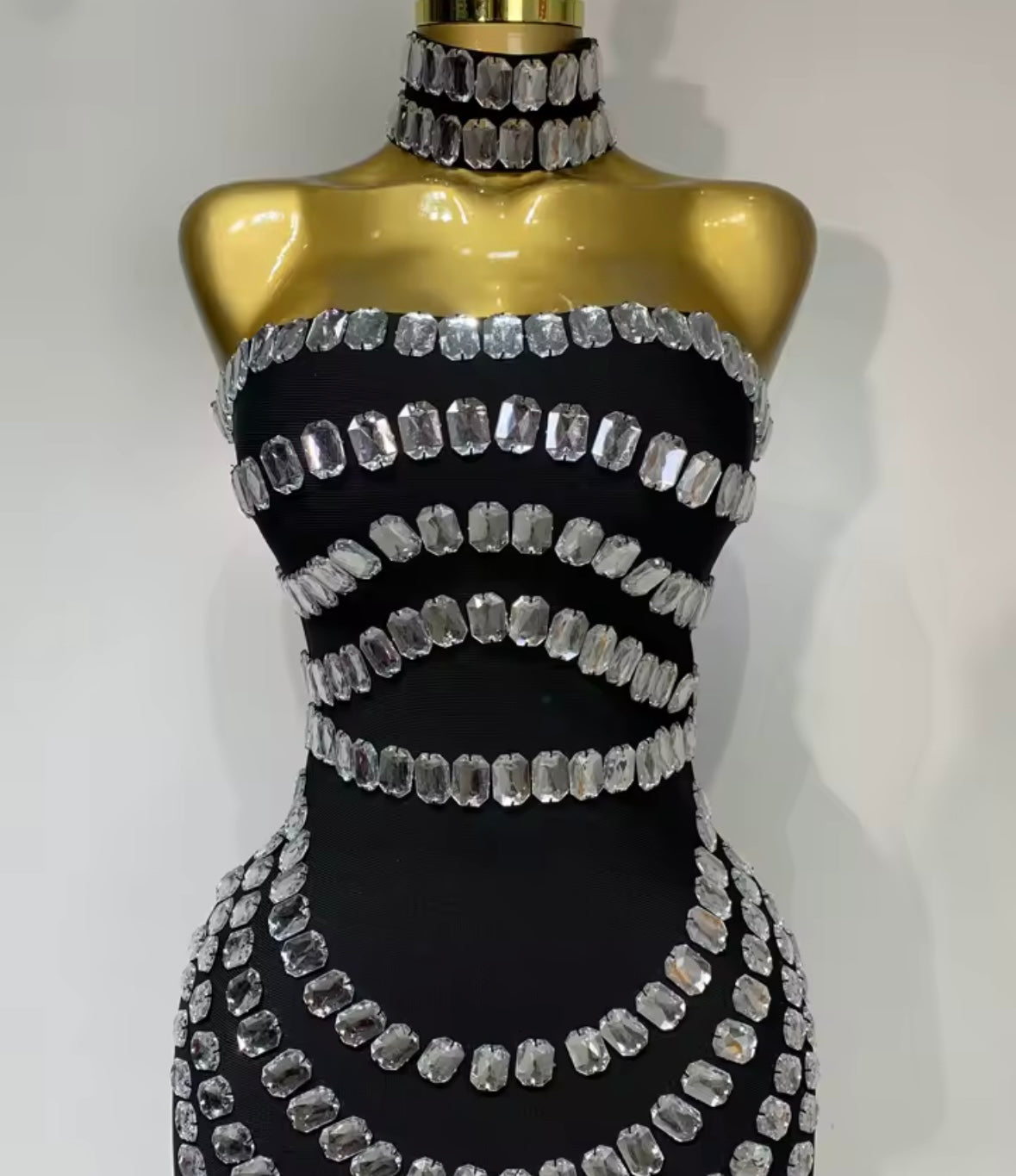 Sexy Crystal Choker Strapless Black Maxi Dress