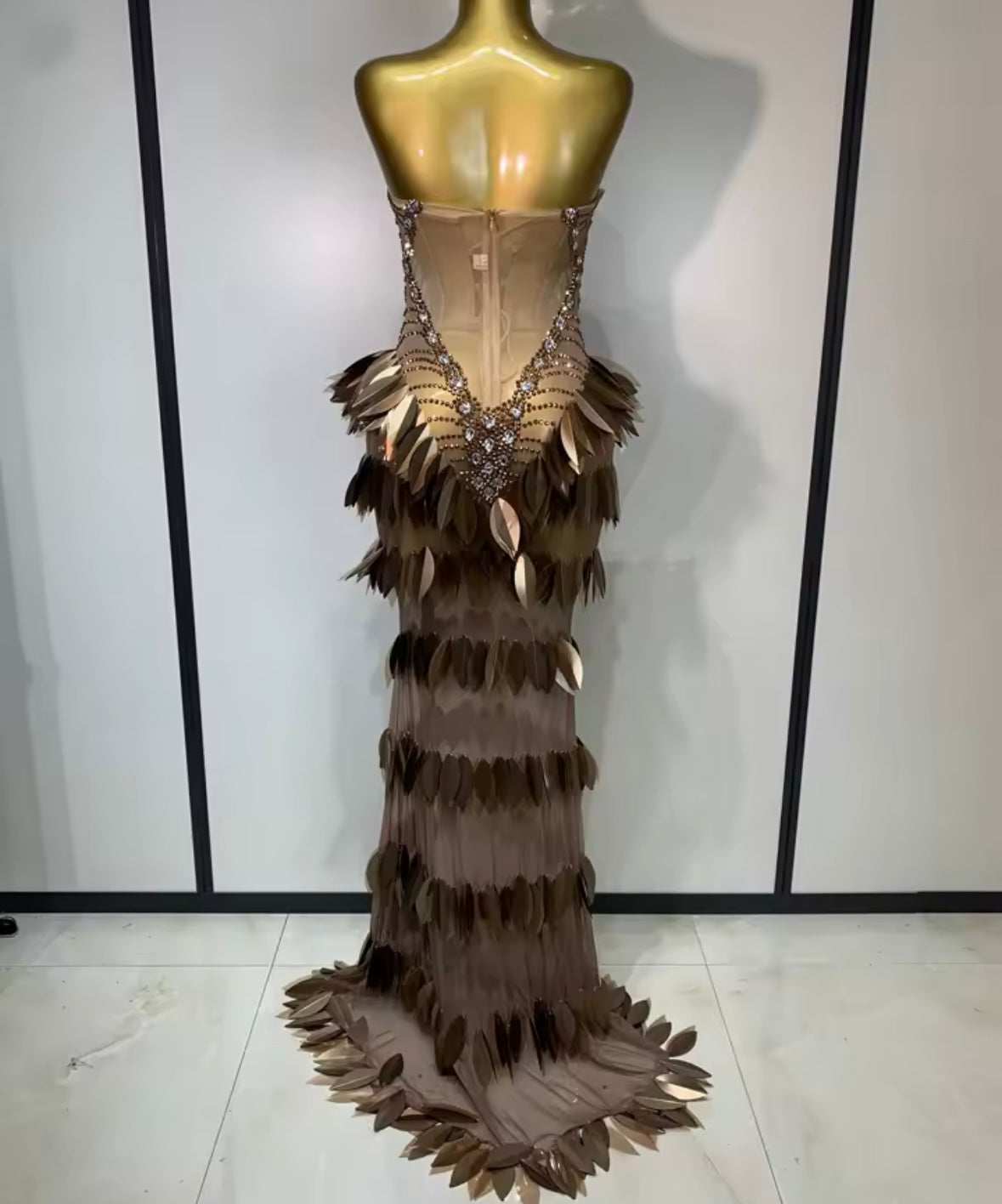 Elegant Brown Rhinestone Strapless Floor-Length Dress