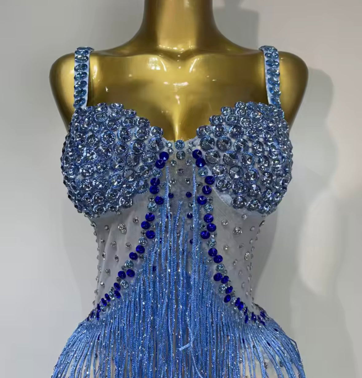 Sexy Blue Rhinestone Fringe Tassel Floor-Length Dress
