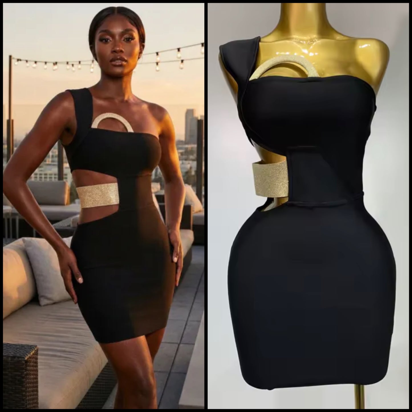 Black One Shoulder Sleeveless Sexy Hollow Out Short Dress