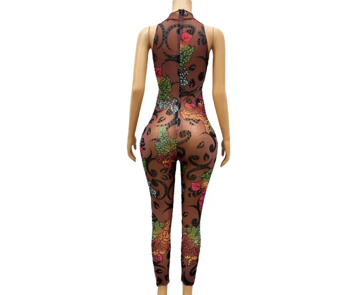 Sexy Sleeveless Floral Rhinestone See Through Jumpsuit