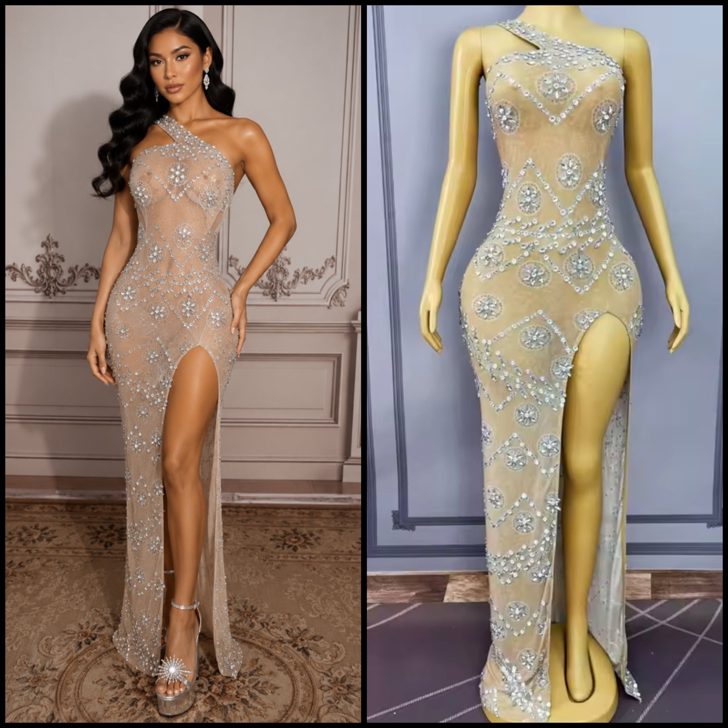 Sexy One Shoulder Sleeveless Rhinestone Side Split Maxi Dress