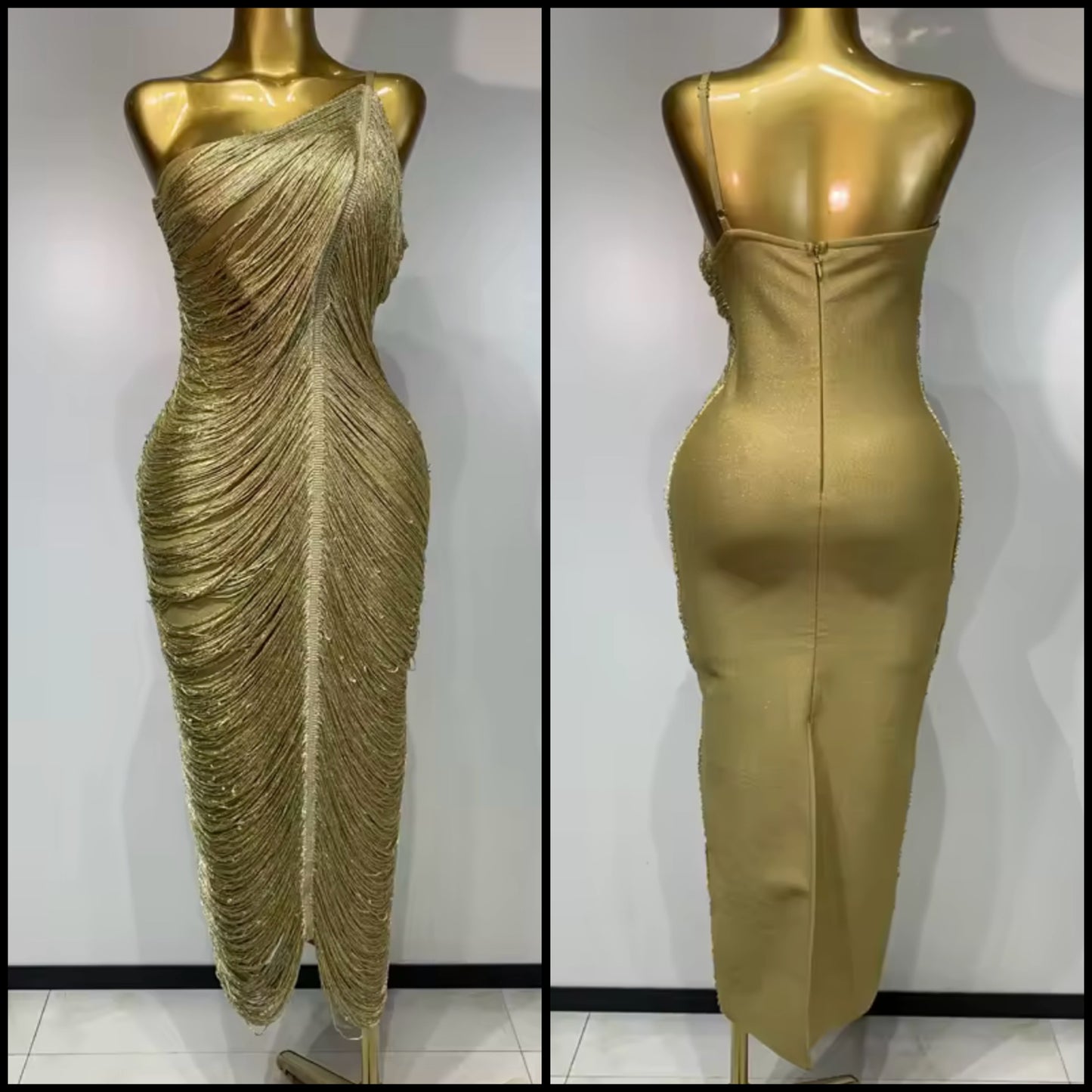 Sexy One Shoulder Gold Fringe Maxi Dress