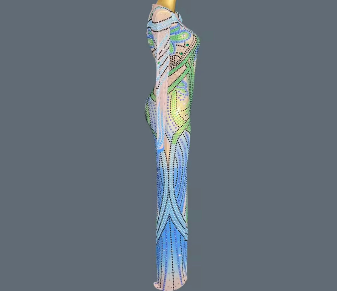Sexy Colorful Rhinestone Full Sleeve Maxi Dress