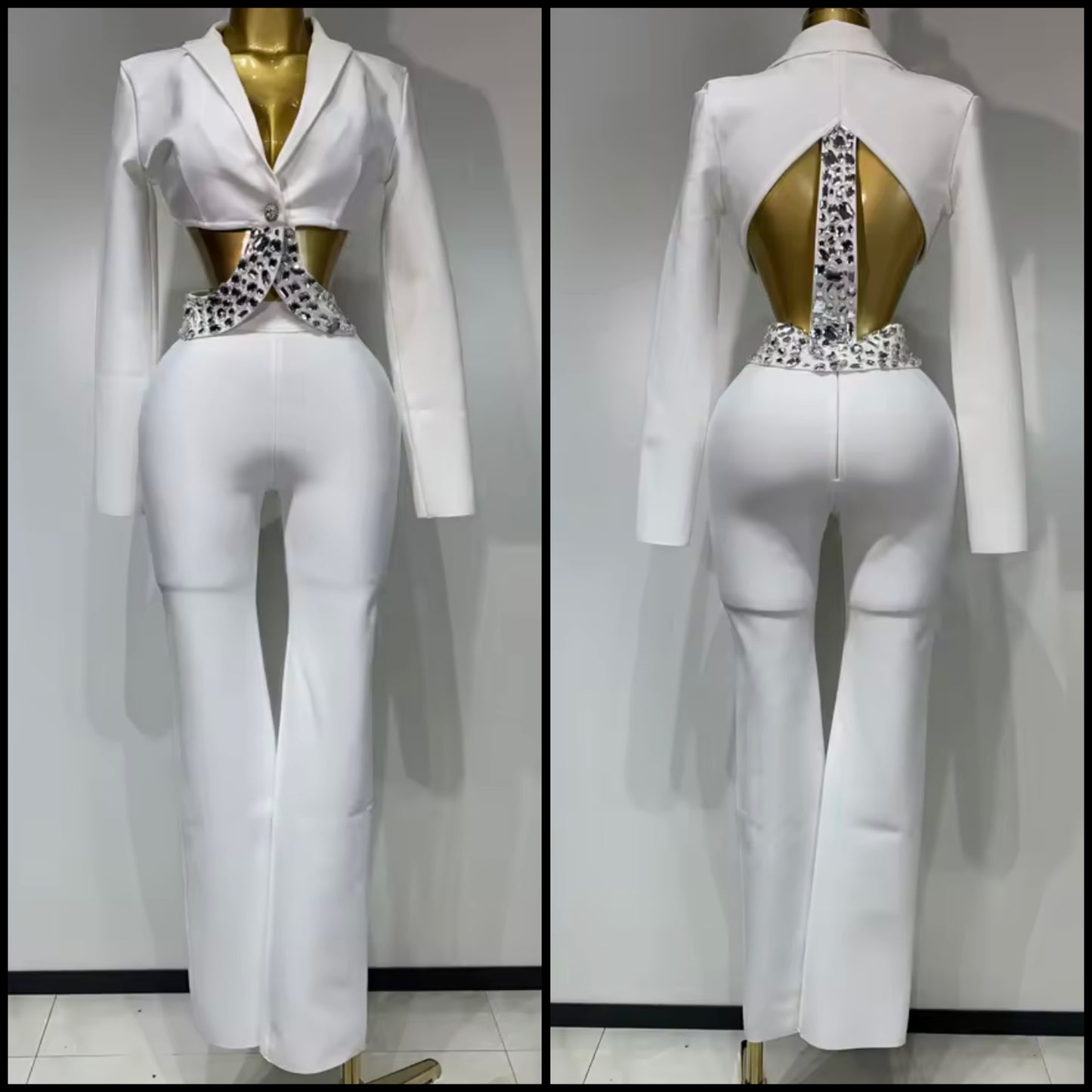 Sexy Crystal Beaded Embellished Band Blazer Two Piece Pant Set