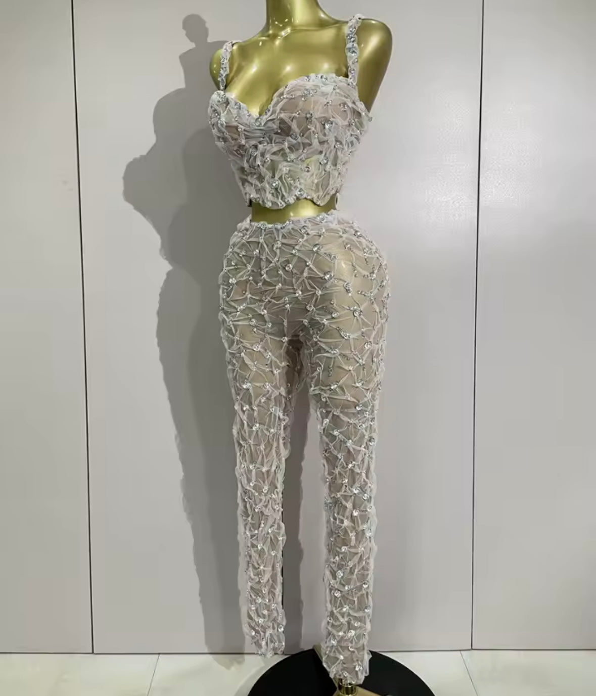 Sleeveless Rhinestone Crop Tank Two Piece Sexy Pant Set