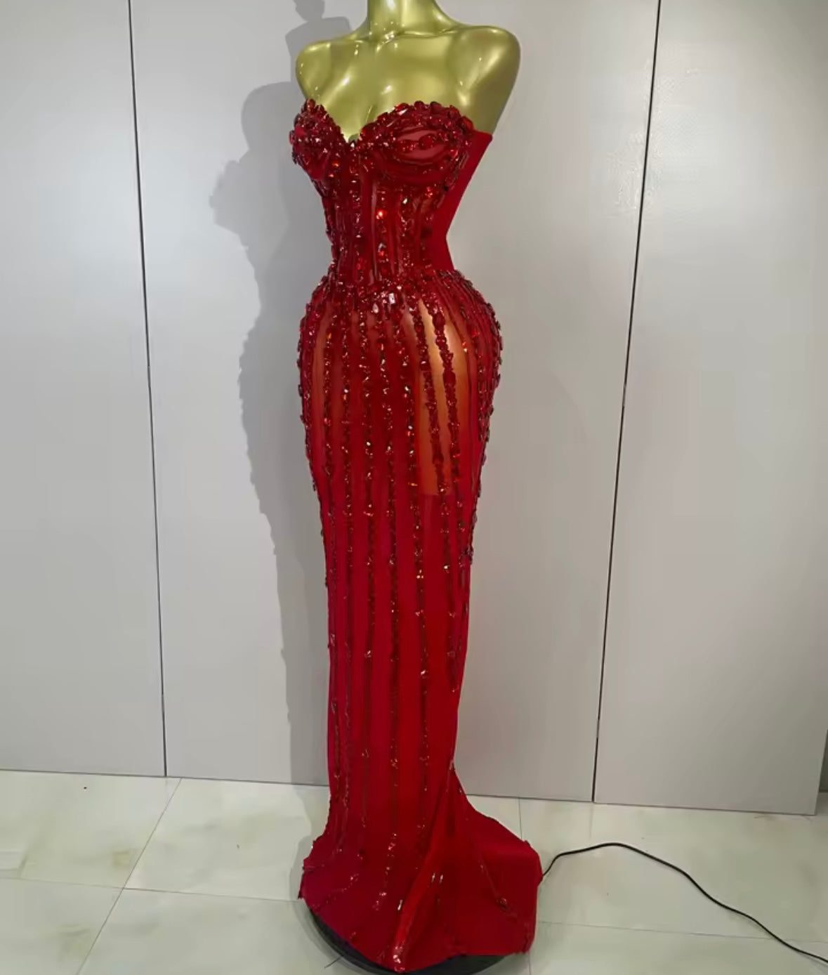 Red Sexy Strapless Crystal See Through Floor-Length Dress