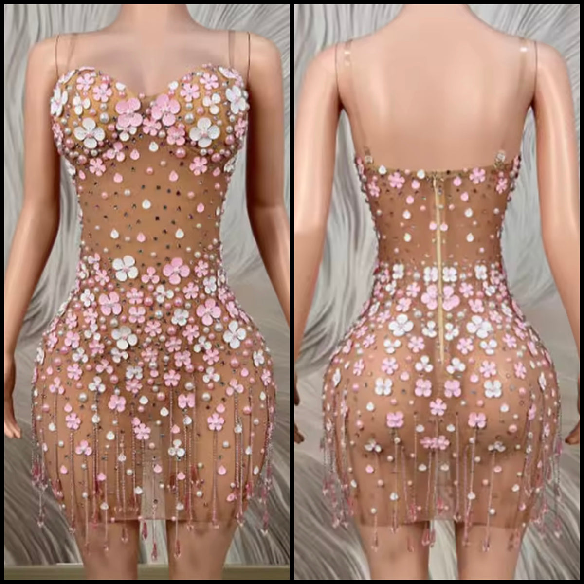 Sexy Sleeveless Rhinestone Pearl Floral Tassel See Through Dress